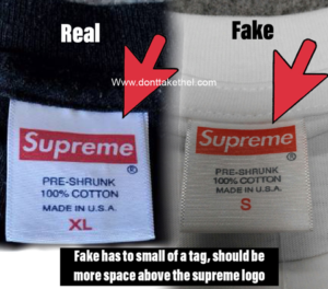 Step 1: Real vs fake Supreme Yankees bogo neck tag